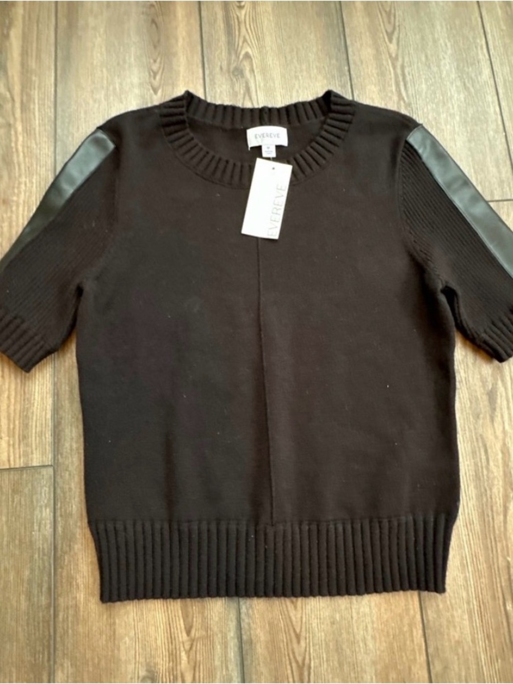 Evereve Black Short-Sleeve Crew Sweater with Faux Leather Shoulder Panels